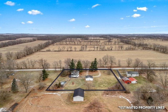 birds eye view of property with a rural view