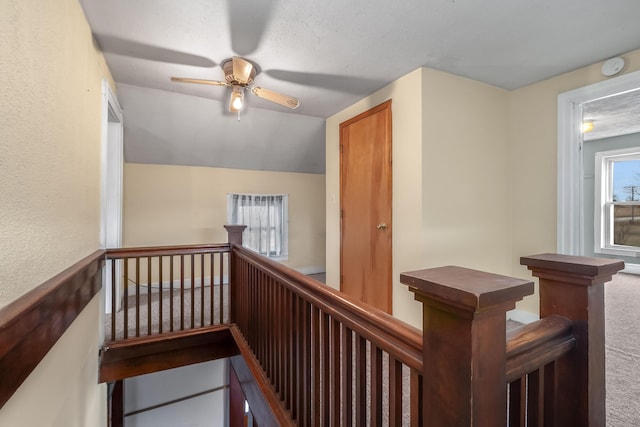 hall with lofted ceiling and carpet floors