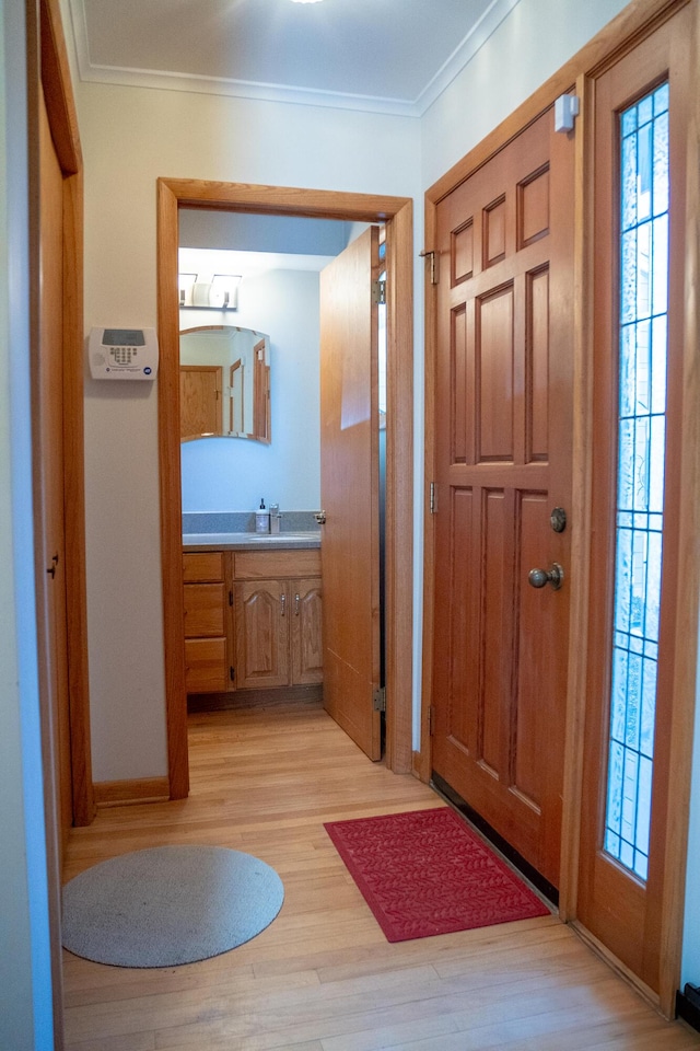 entrance foyer featuring crown molding, a wealth of natural light, and light wood-type flooring