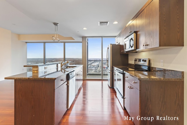 kitchen with stainless steel appliances, dark hardwood / wood-style flooring, plenty of natural light, and a wall of windows