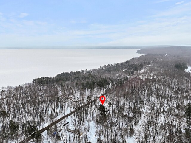 snowy aerial view featuring a water view