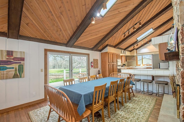 dining space with lofted ceiling with beams, a healthy amount of sunlight, light wood-style flooring, and wooden ceiling
