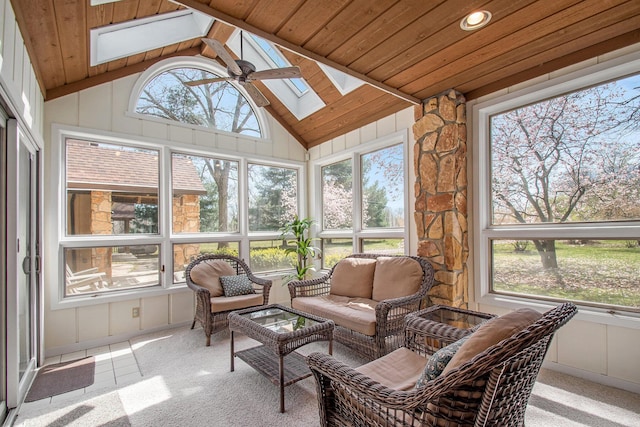 sunroom / solarium featuring ceiling fan, lofted ceiling with skylight, and wooden ceiling