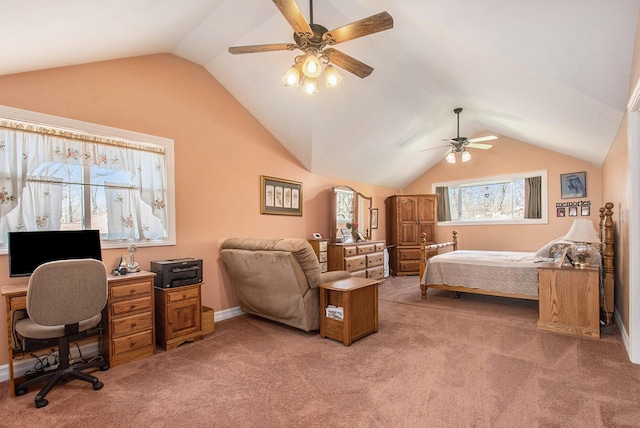 bedroom featuring light carpet, a ceiling fan, and lofted ceiling
