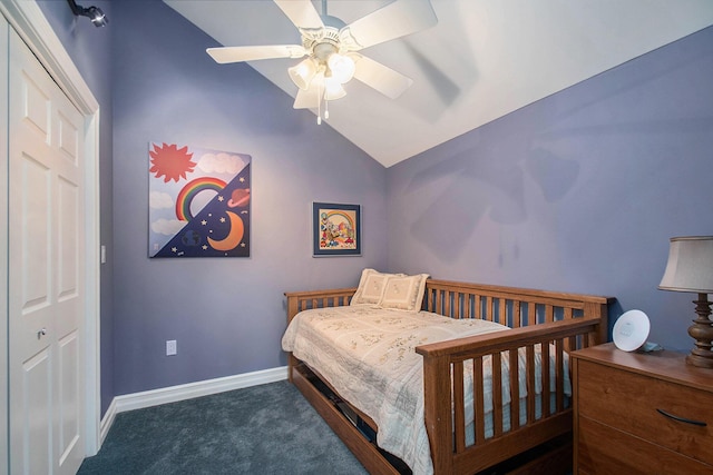 bedroom with lofted ceiling, baseboards, carpet floors, and a ceiling fan