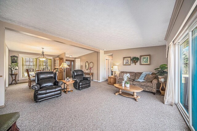 carpeted living area featuring baseboards and a textured ceiling