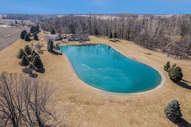 view of pool featuring a wooded view