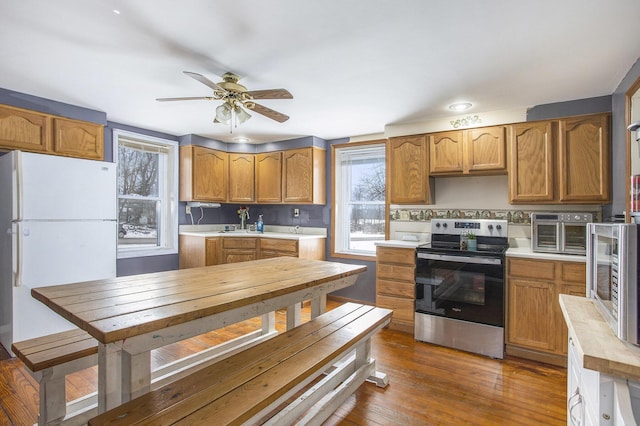 kitchen featuring ceiling fan, appliances with stainless steel finishes, dark hardwood / wood-style floors, and sink