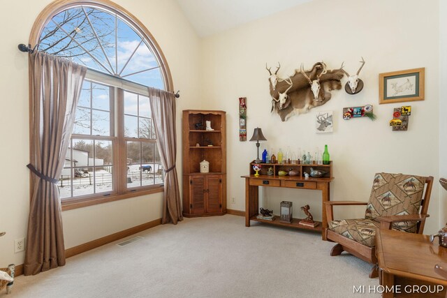 living area featuring lofted ceiling and carpet flooring