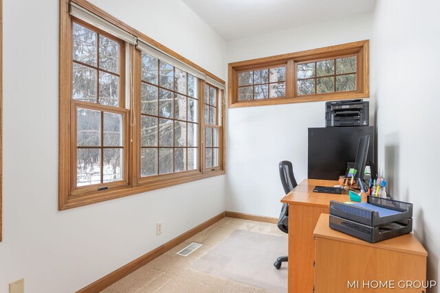 home office with light carpet