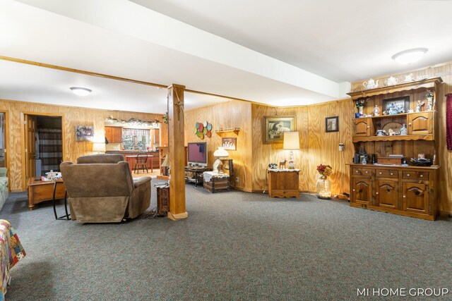 living room featuring carpet floors and wooden walls