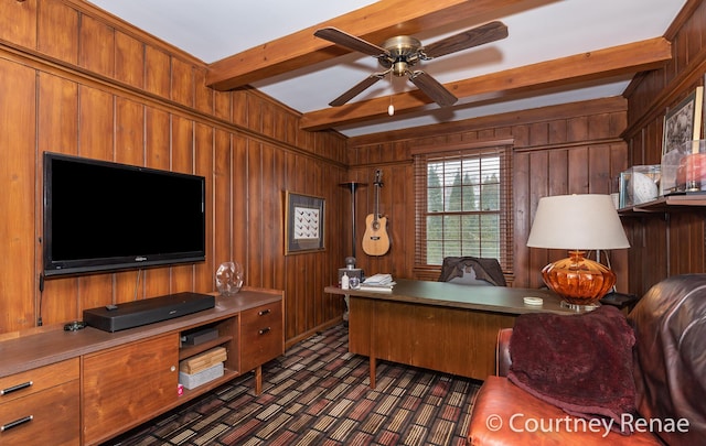 office space featuring beamed ceiling, wood walls, brick patterned floor, and ceiling fan