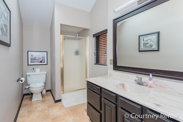 bathroom with toilet, tile patterned floors, a stall shower, vanity, and baseboards