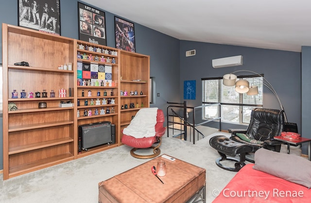 living area featuring vaulted ceiling, a wall mounted air conditioner, visible vents, and carpet