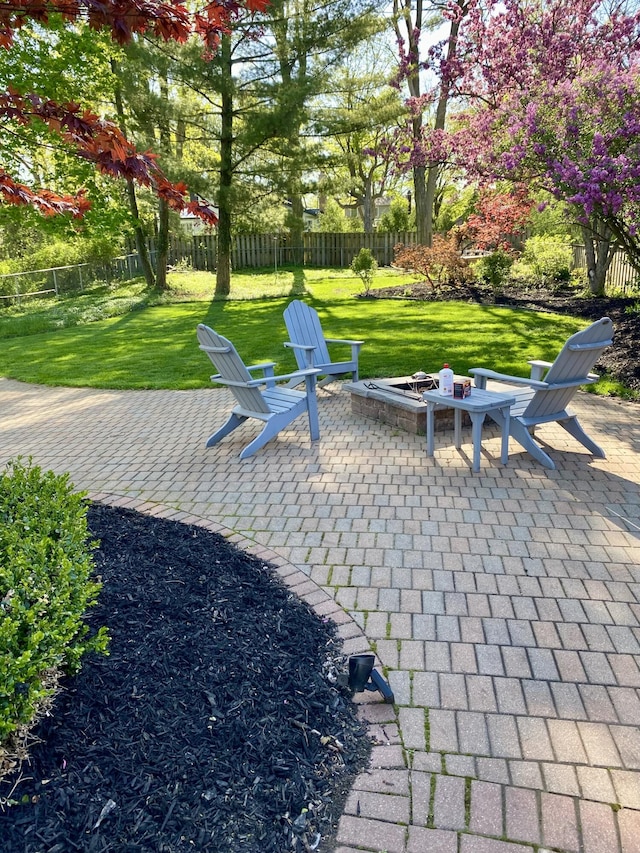 view of patio featuring a fire pit and a fenced backyard