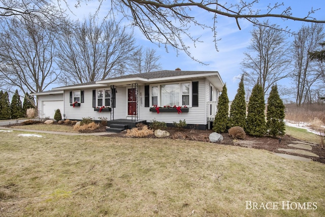 view of front of house featuring a garage, central AC unit, and a front yard