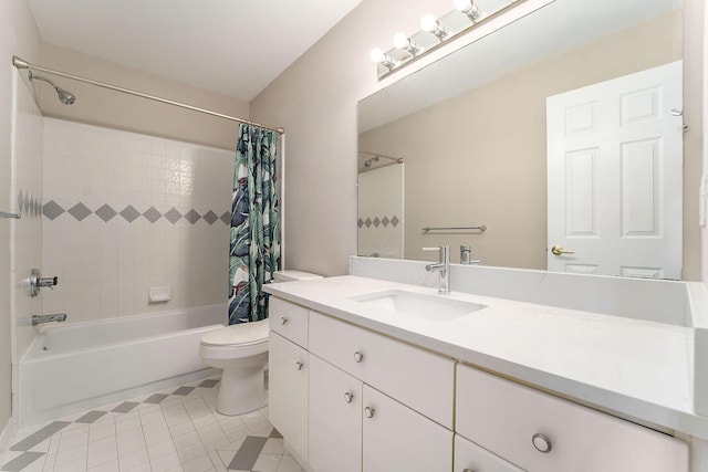 full bathroom featuring shower / bath combination with curtain, vanity, toilet, and tile patterned flooring