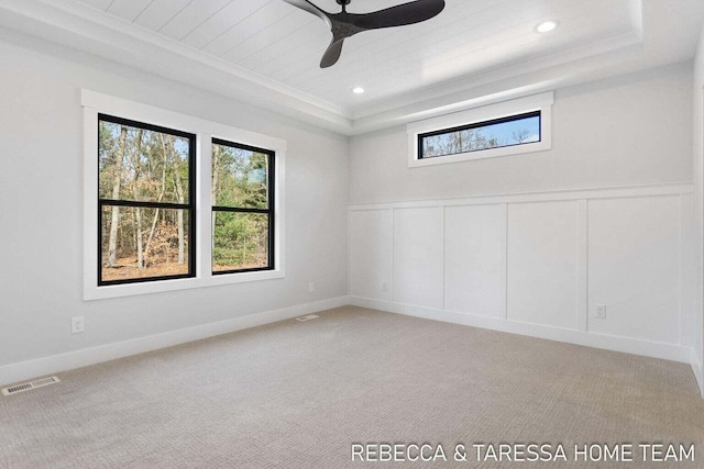 carpeted spare room featuring a raised ceiling and ceiling fan