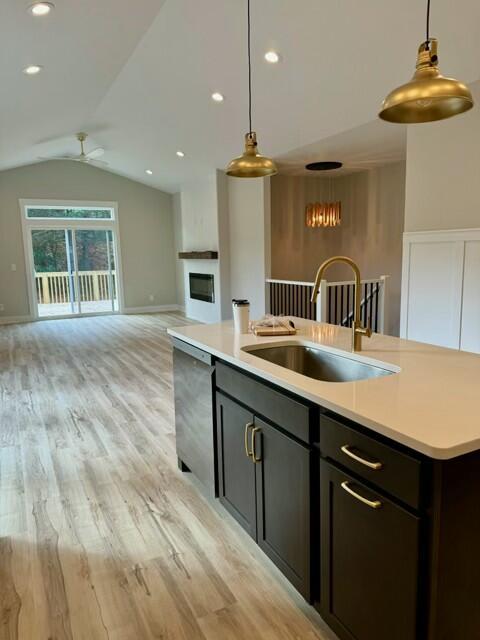 kitchen featuring sink, light hardwood / wood-style flooring, hanging light fixtures, and a center island with sink