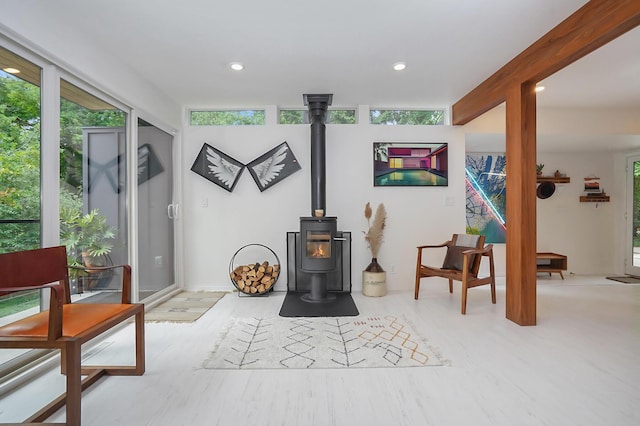 living area with a wood stove and recessed lighting