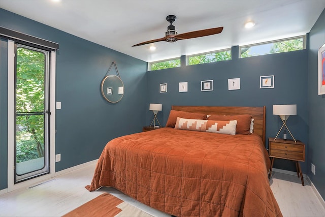 bedroom featuring ceiling fan, recessed lighting, visible vents, and baseboards