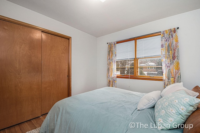 bedroom with hardwood / wood-style floors and a closet