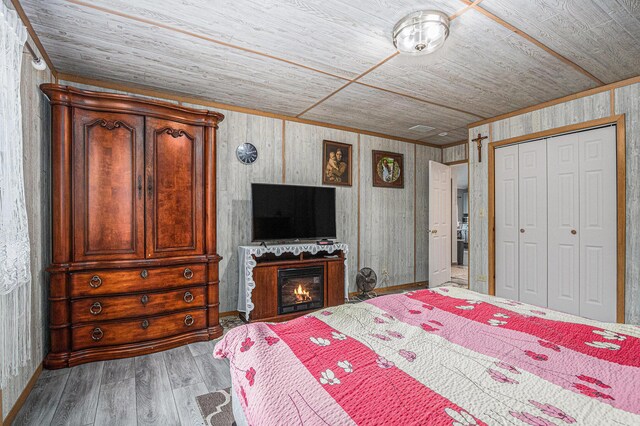 37076 76th St, Covert, MI 49043 - bedroom with wood finished floors, wooden ceiling, a closet, a glass covered fireplace, and ornamental molding
