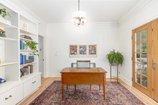 home office with ornamental molding and light wood-type flooring