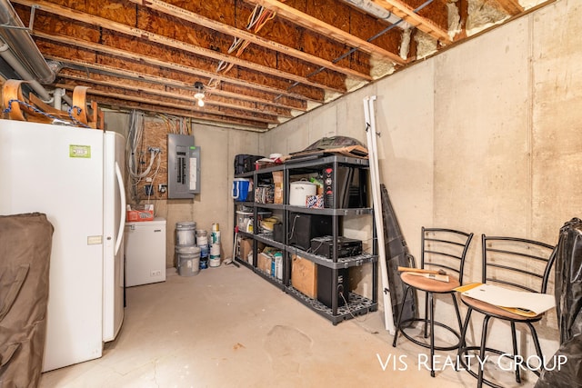 9340 Freedom Dr, West Olive, MI 49460 - unfinished basement featuring freestanding refrigerator, fridge, and electric panel