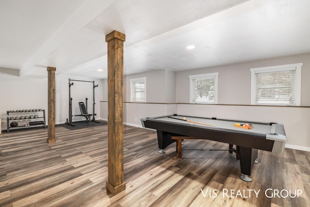 9340 Freedom Dr, West Olive, MI 49460 - recreation room with baseboards, decorative columns, billiards, and wood finished floors