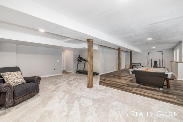 9340 Freedom Dr, West Olive, MI 49460 - game room with baseboards, billiards, recessed lighting, carpet floors, and wood finished floors