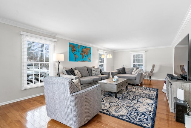 living room with crown molding and light hardwood / wood-style flooring