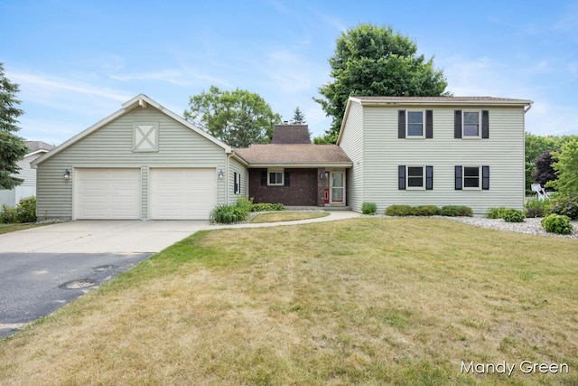 366 E Beech St NE, Cedar Springs, MI 49319 - view of front of property featuring concrete driveway, a garage, a chimney, a front lawn, and brick siding