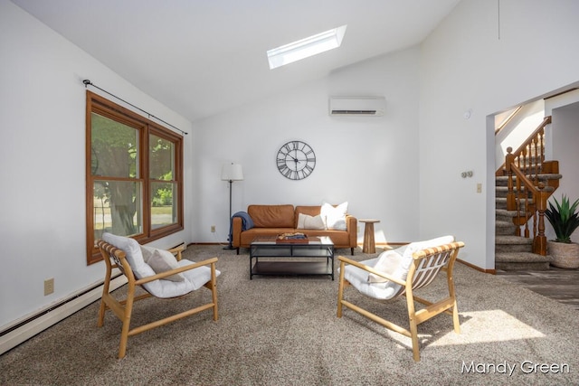 366 E Beech St NE, Cedar Springs, MI 49319 - carpeted living room with a wall mounted air conditioner, stairs, a skylight, baseboard heating, and high vaulted ceiling