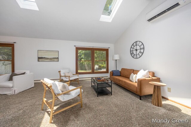 366 E Beech St NE, Cedar Springs, MI 49319 - carpeted living room featuring a skylight, a wall mounted air conditioner, and vaulted ceiling