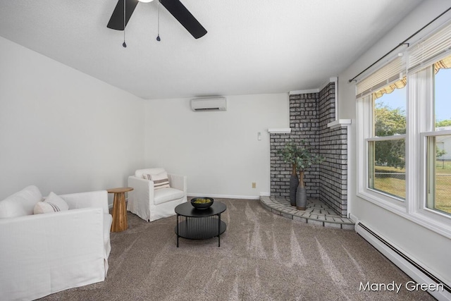 366 E Beech St NE, Cedar Springs, MI 49319 - sitting room featuring a baseboard heating unit, an AC wall unit, carpet floors, ceiling fan, and a brick fireplace
