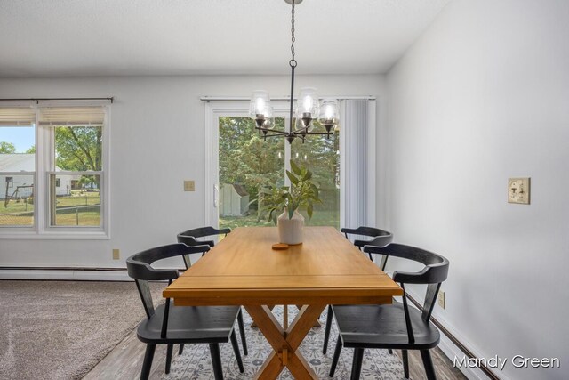 366 E Beech St NE, Cedar Springs, MI 49319 - dining space with a baseboard heating unit, a chandelier, plenty of natural light, and wood finished floors