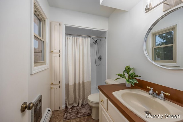 366 E Beech St NE, Cedar Springs, MI 49319 - bathroom featuring baseboard heating, vanity, and a shower with curtain