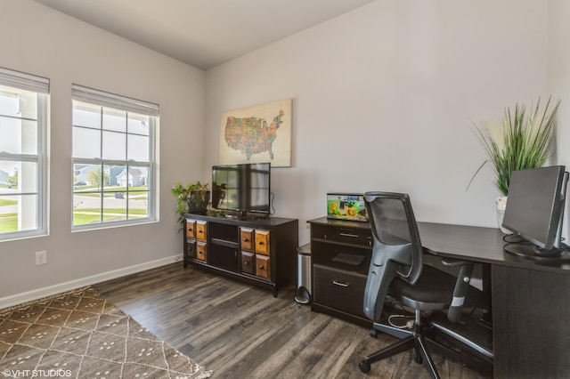 6058 Racine Dr, Stevensville, MI 49127 - home office with healthy amount of natural light, dark wood-style floors, and baseboards