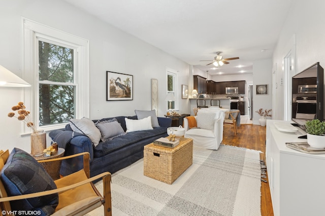 living room with ceiling fan and hardwood / wood-style floors