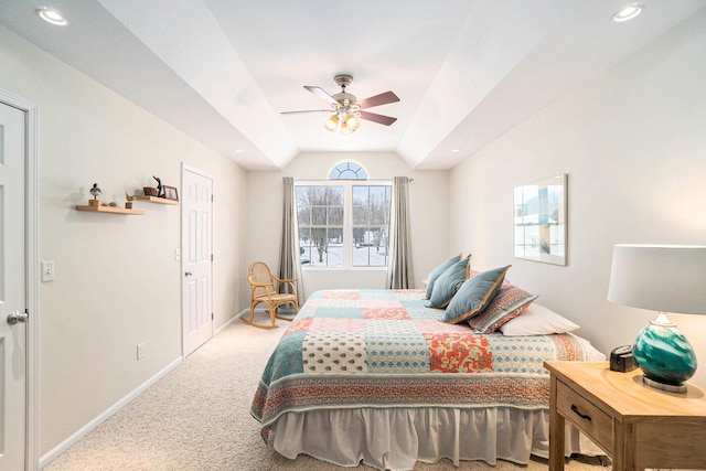 carpeted bedroom with recessed lighting, ceiling fan, baseboards, and vaulted ceiling