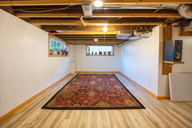 basement with hardwood / wood-style floors