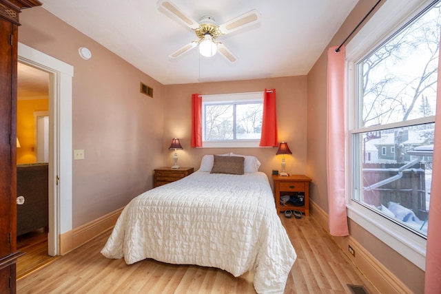 bedroom featuring ceiling fan and light wood-type flooring