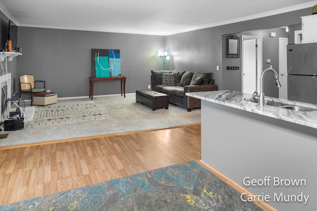 living room with sink, crown molding, and light wood-type flooring