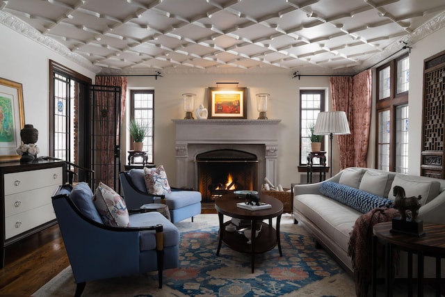 living room featuring a lit fireplace, a healthy amount of sunlight, and wood finished floors