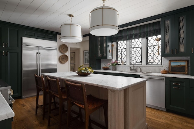 kitchen featuring a center island, wood ceiling, dark wood finished floors, and stainless steel appliances