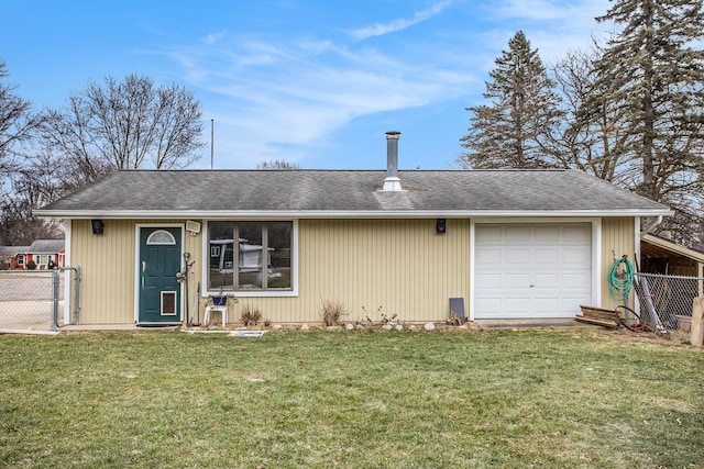 ranch-style house with a front lawn, an attached garage, and fence