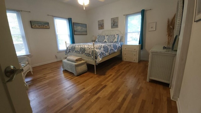 bedroom with multiple windows, radiator, and wood-type flooring