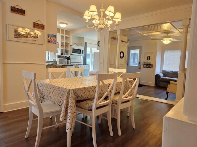 dining area with ceiling fan with notable chandelier, beam ceiling, dark hardwood / wood-style floors, coffered ceiling, and built in shelves