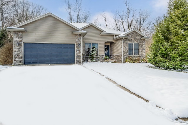 single story home featuring stone siding and an attached garage